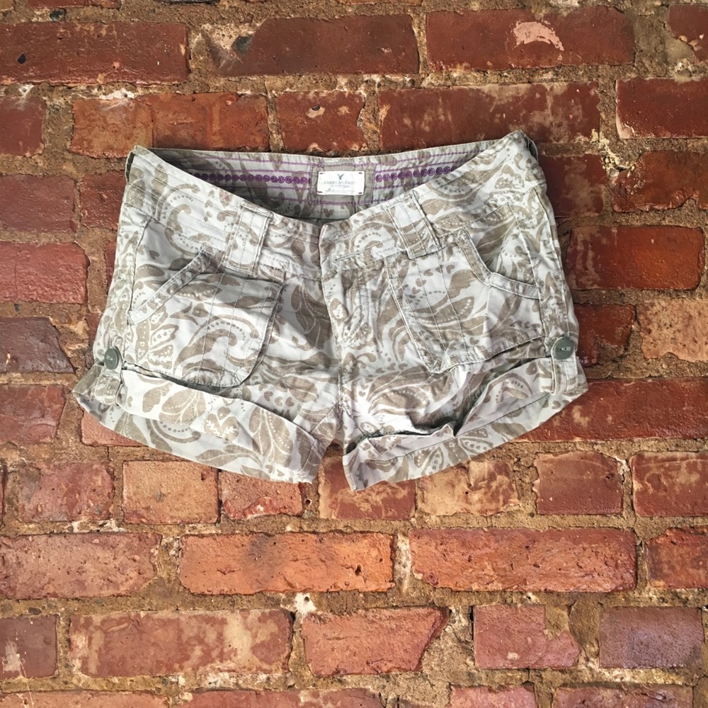 Green brown print shorts